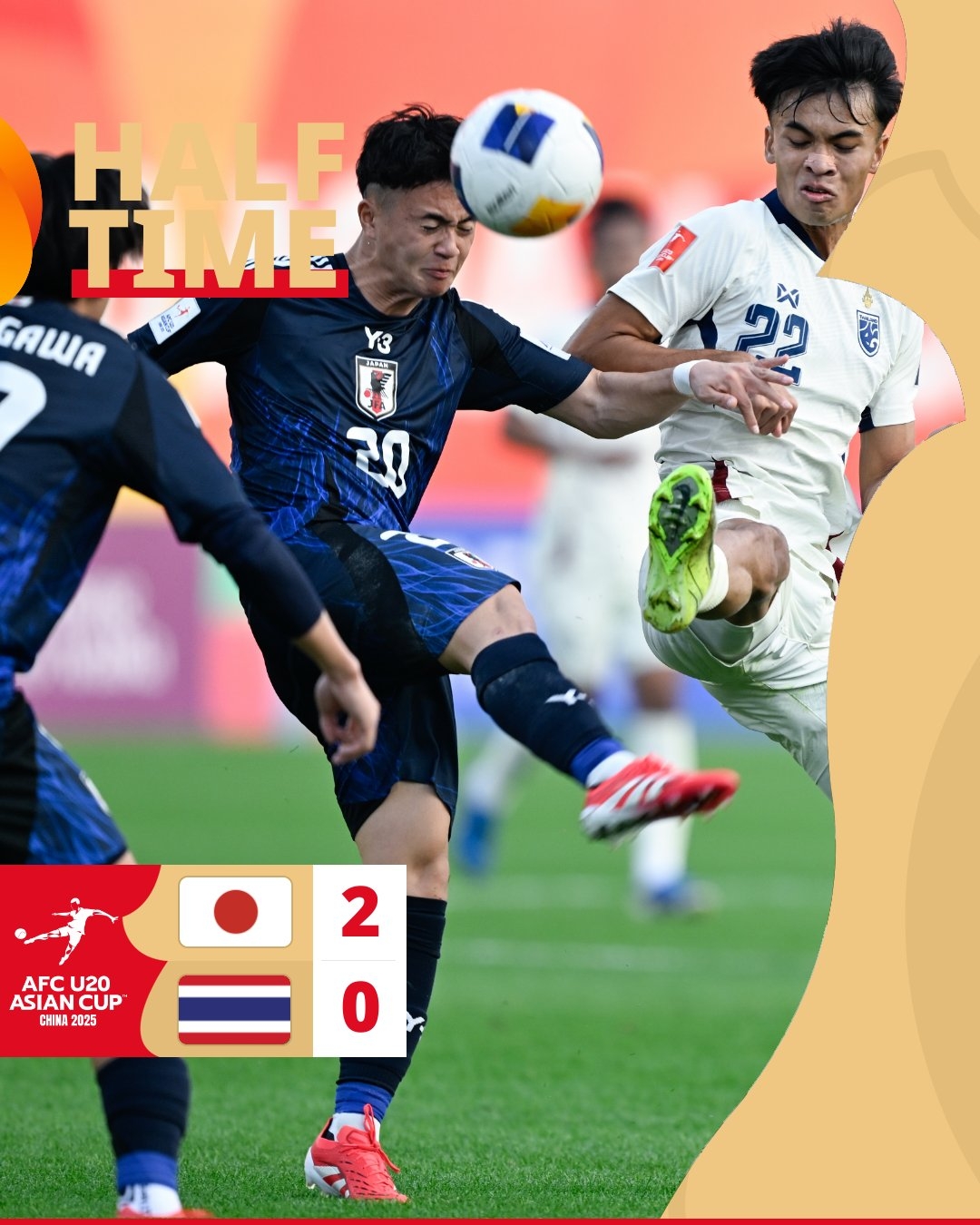  半場-日本U20 2-0領先泰國U20，石井久繼破門+中柱 泰國0射正